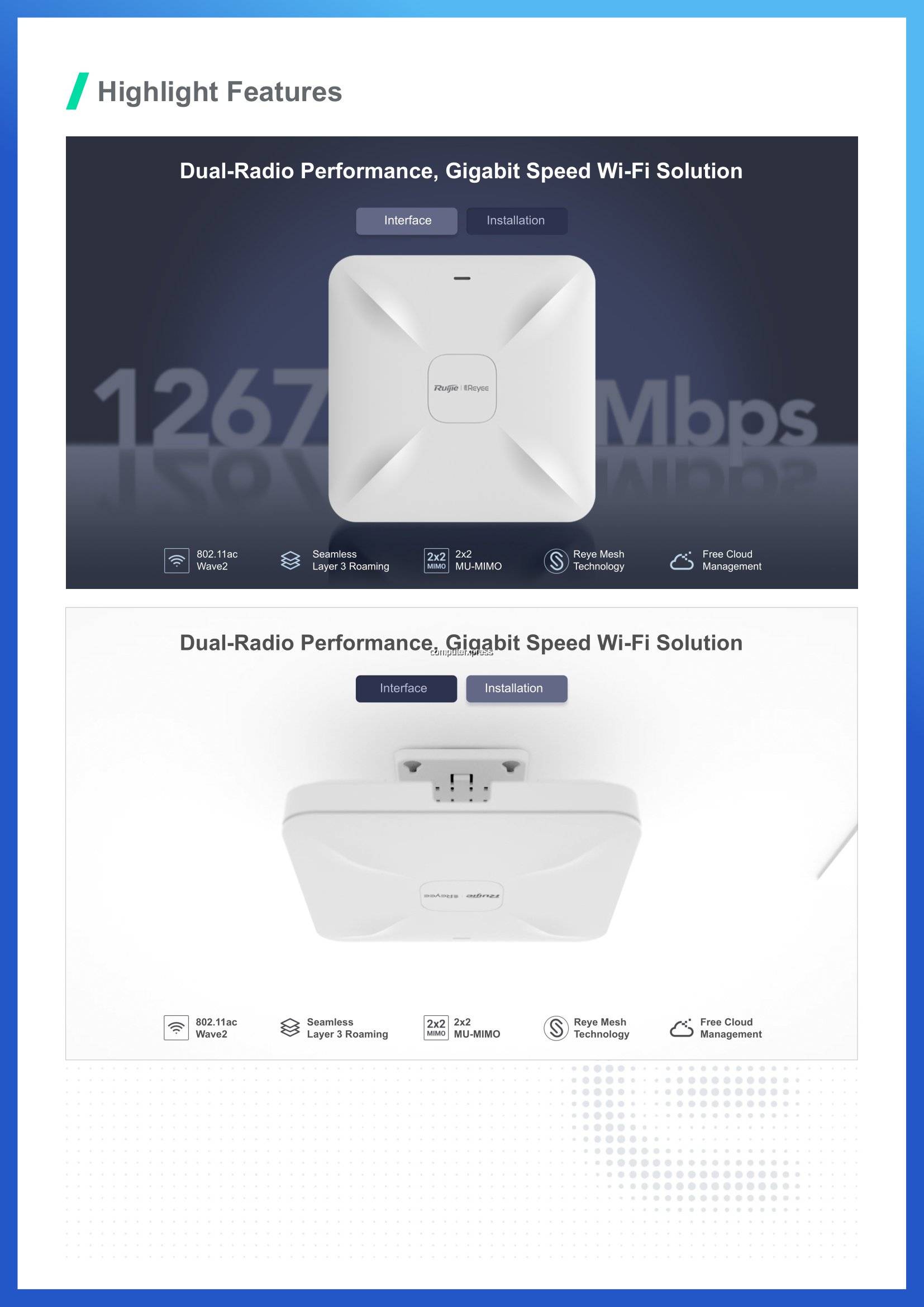 Ruijie RGRAP2200(F) WiFi 5 1267Mbps Ceiling Access Point